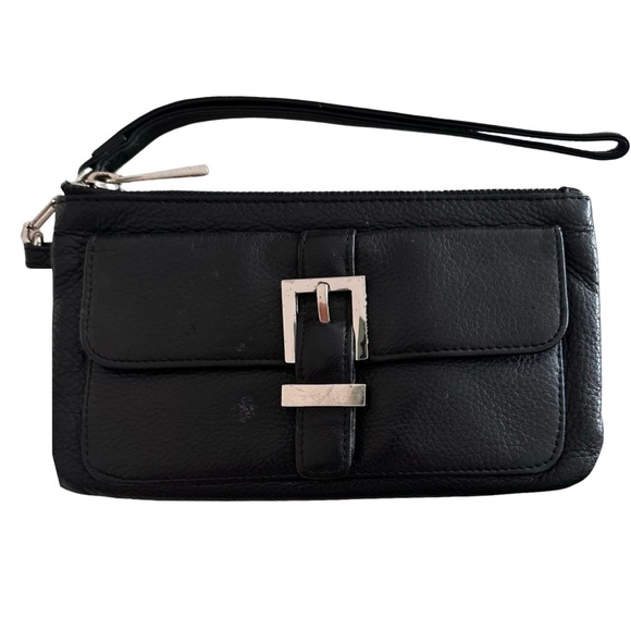 EXPRESS Black Leather Wristlet 7.5”x 4.5” Zip Flap & Snap Buckle - Picture 1 of 9